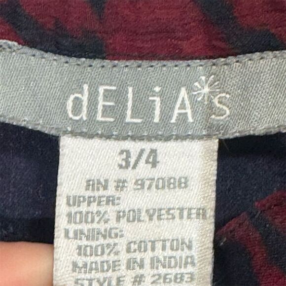 VTG dELiA*s Floral Midi Dress 90s Y2K Puff Sleeve Flare Navy Red S Ruched Waist - Picture 9 of 9